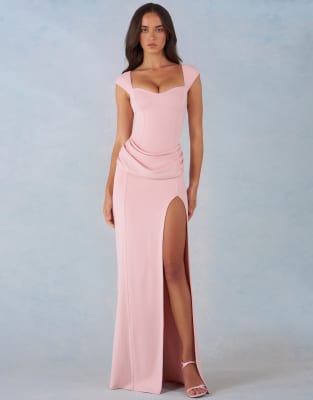 Oh Polly Modal Sweetheart Neck Cap Sleeve Draped Detail Maxi Dress In Pink