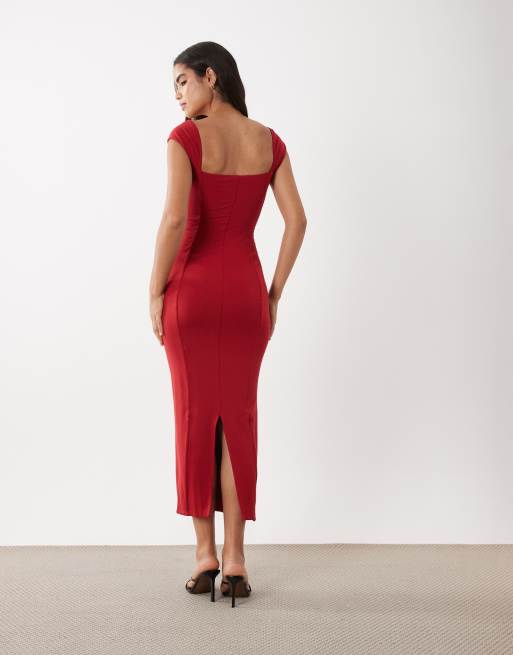 Oh Polly modal sweetheart neck cap sleeve maxi dress in red, 3 of 4