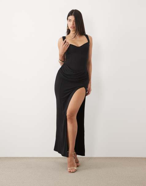 Oh Polly modal sweetheart neck cowl waist maxi dress in black - view 1