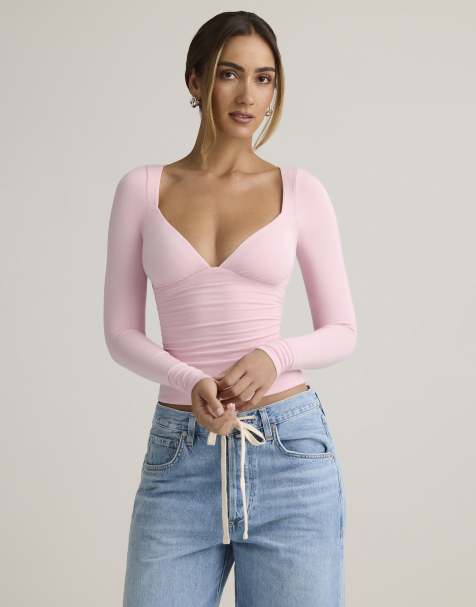 Oh Polly modal sweetheart neckline long sleeve top in light pink - view 1