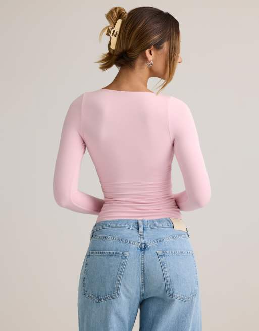 Oh Polly modal sweetheart neckline long sleeve top in light pink, 4 of 4
