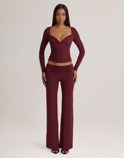Oh Polly modal v-neck long sleeve ruched waist top and mid rise straight leg pants set in plum - view 1
