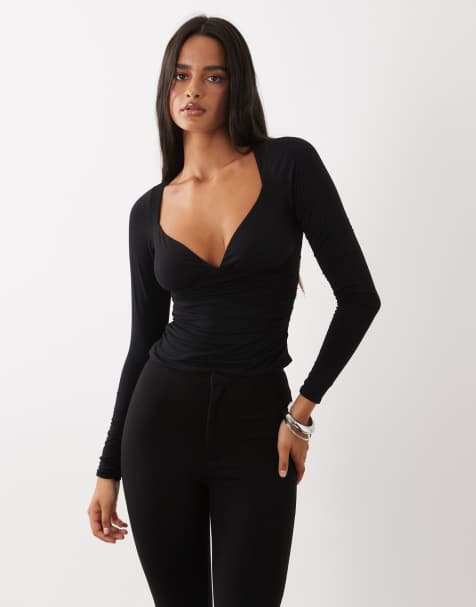 Oh Polly modal v-neck long sleeve ruched waist top co-ord in black - view 1