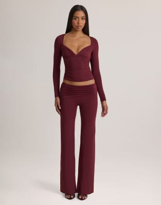Oh Polly Modal V-neck Long Sleeve Ruched Waist Top Co-ord In Burgundy