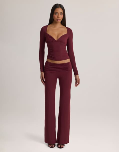 Oh Polly modal v-neck long sleeve ruched waist top co-ord in plum - view 1