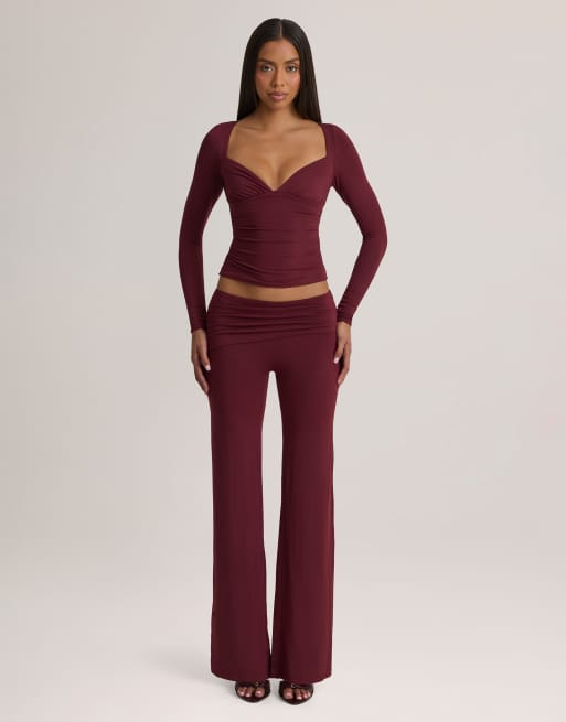 Oh Polly modal v-neck long sleeve ruched waist top co-ord in plum, 2 of 4