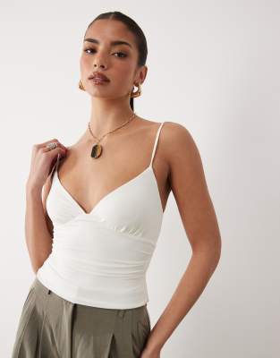 Oh Polly Modal V-neck Ruched Cami Top In White