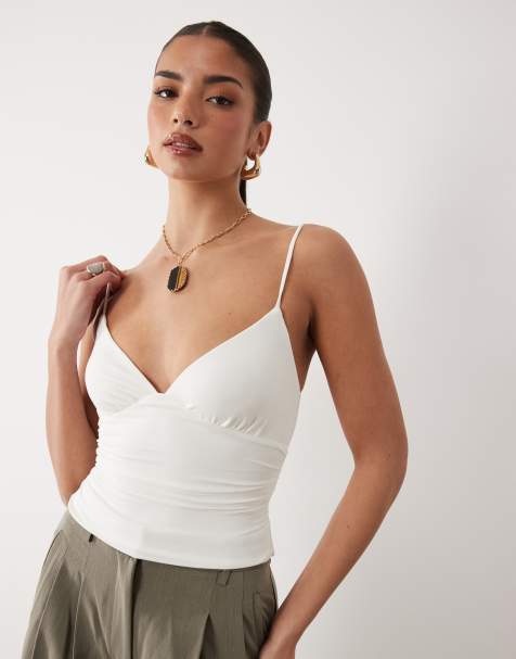 Oh Polly modal v-neck ruched cami top in white - view 1