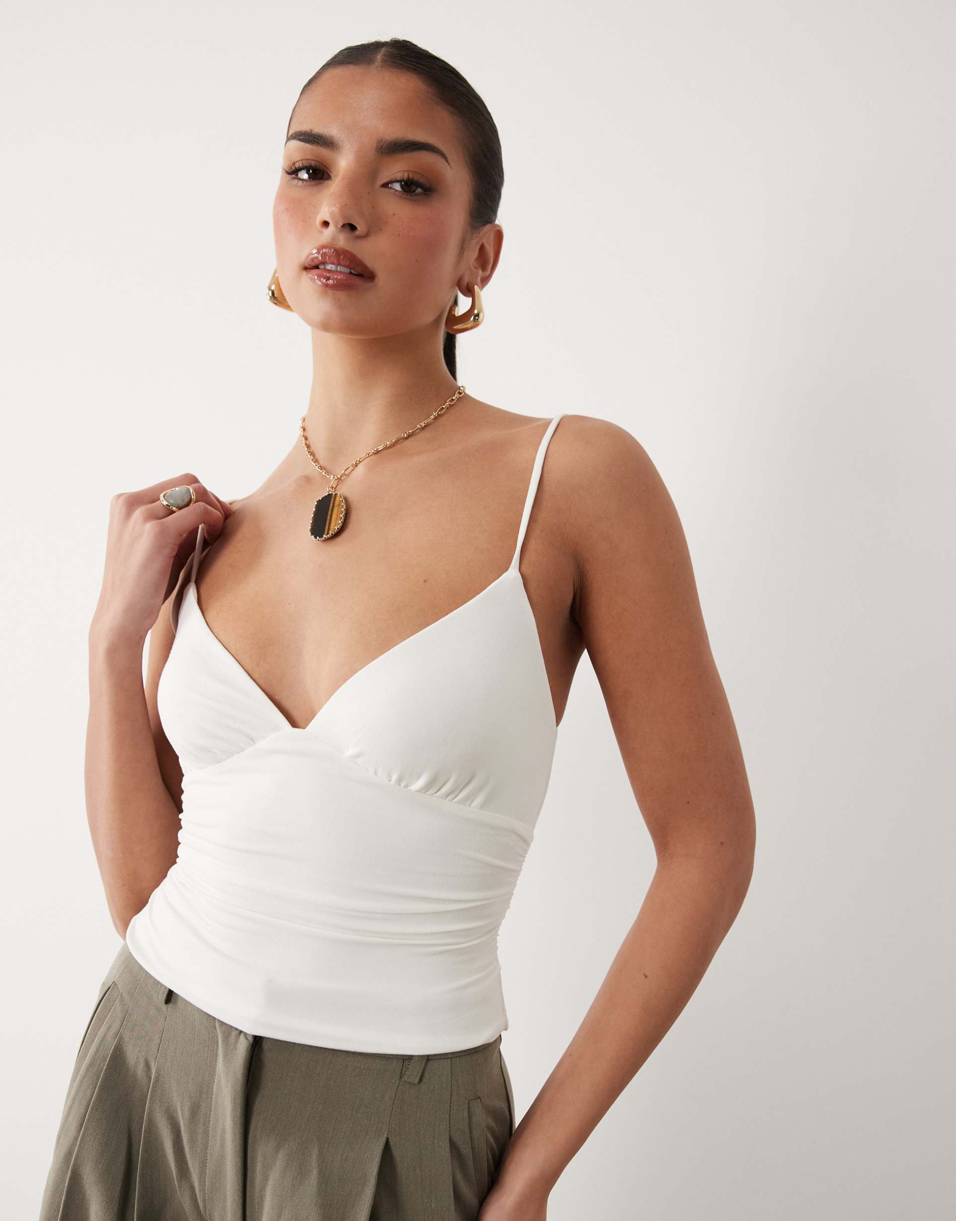 oh polly modal v-neck ruched cami top in white