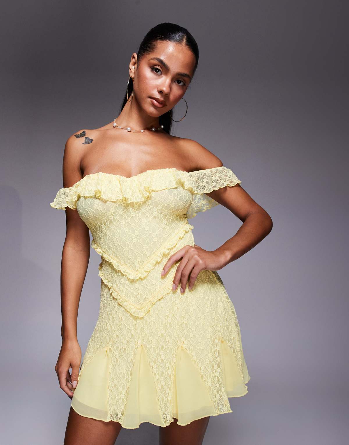 Oh Polly Nahida off-shoulder lace mini dress in pastel yellow