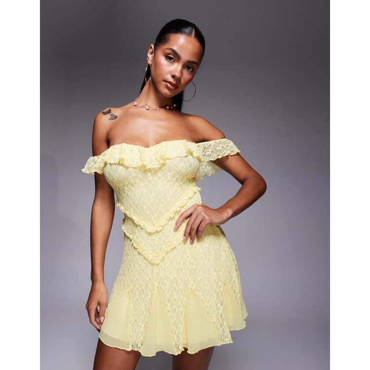 Oh Polly Nahida off the shoulder lace mini dress in pastel yellow