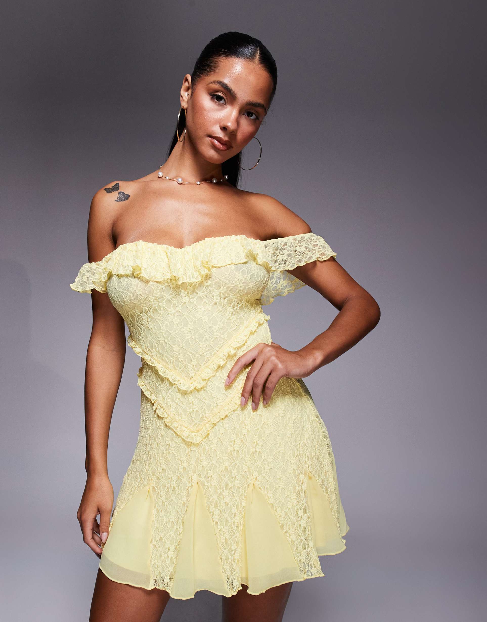 oh polly nahida off the shoulder lace mini dress in pastel yellow