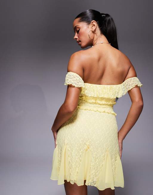 Oh Polly Nahida off the shoulder lace mini dress in pastel yellow