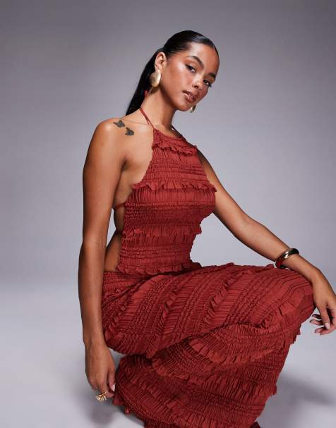 Oh Polly Natesha ruffled high-neck backless top co-ord in burnt red