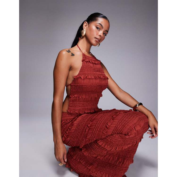 Oh Polly Natesha ruffled high-neck backless top in burnt red (part