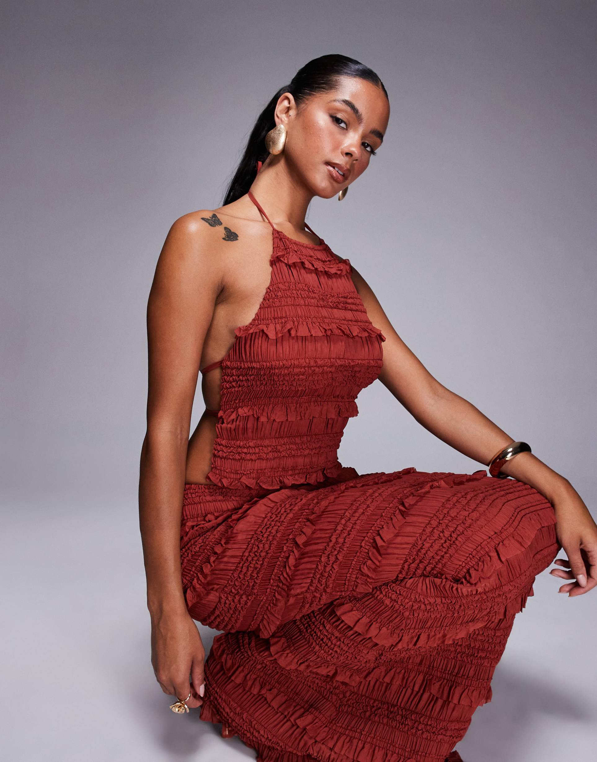 oh polly natesha ruffled high neck backless top in burnt red - part of a set