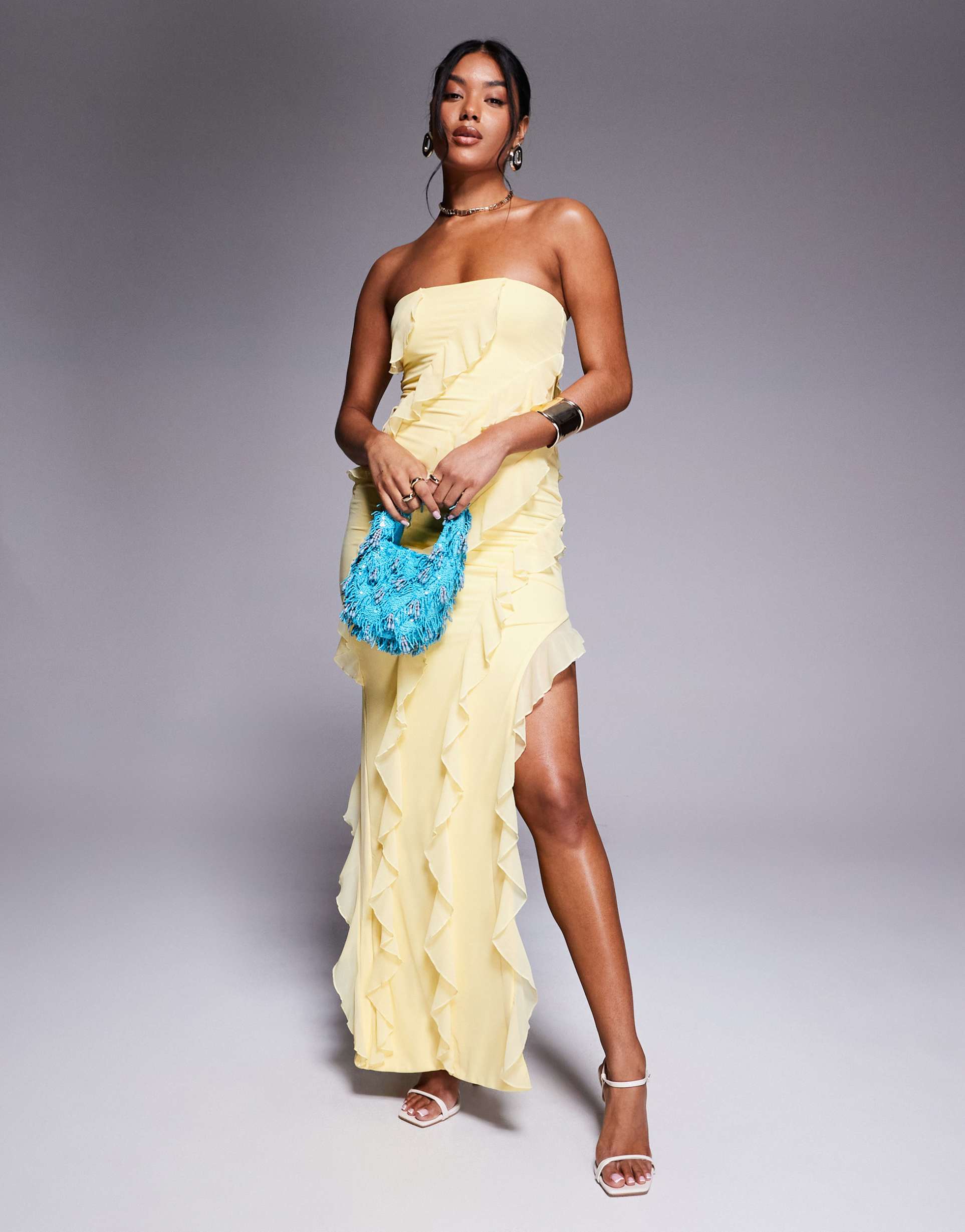 oh polly nevali asymmetric ruffles maxi dress in lemon yellow