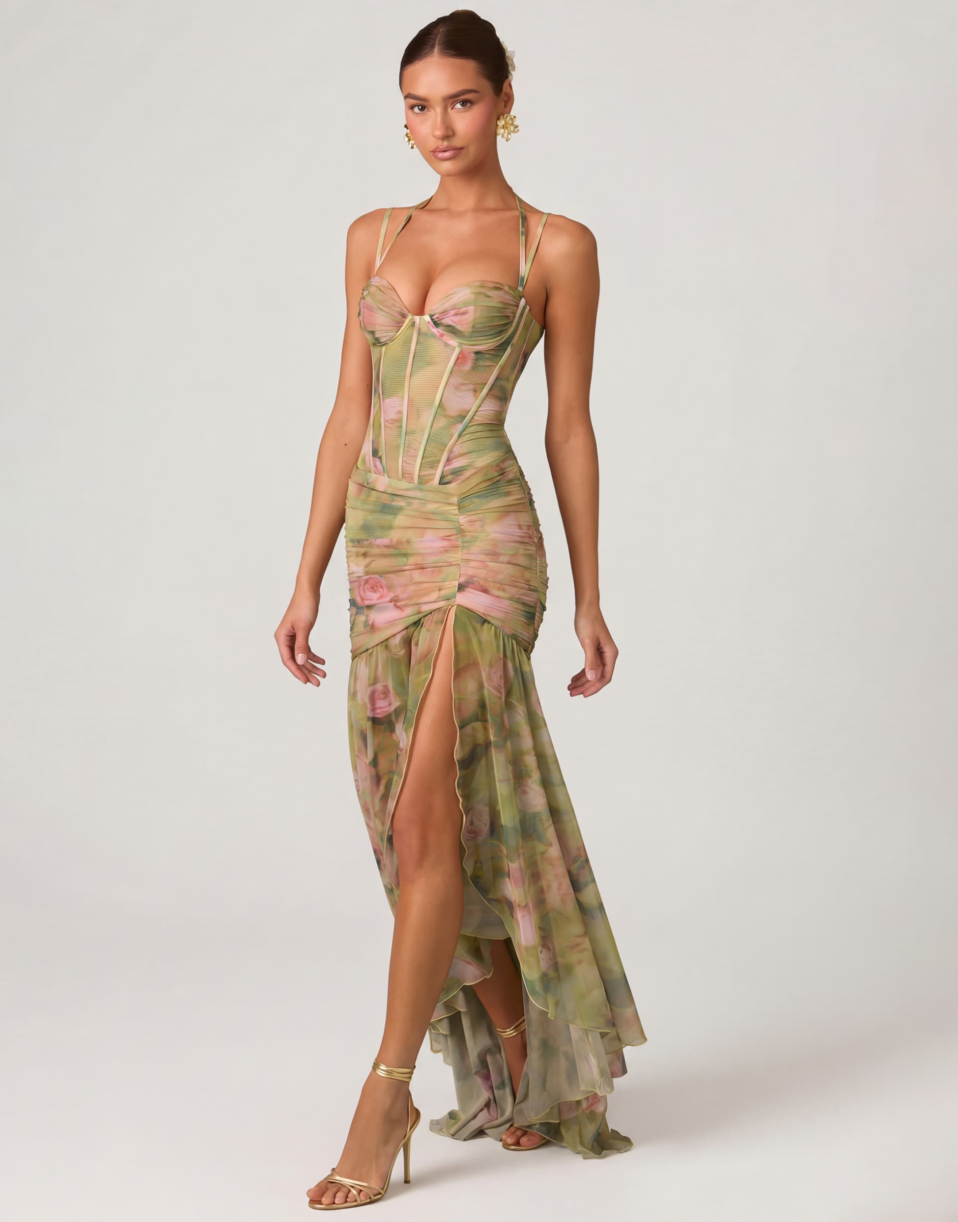 oh polly occasion corset detail thigh split gown in green floral