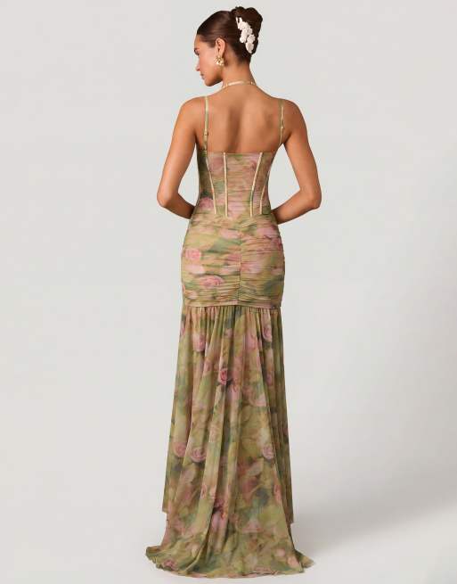 Oh Polly occasion corset detail thigh split gown in green floral, 2 of 2