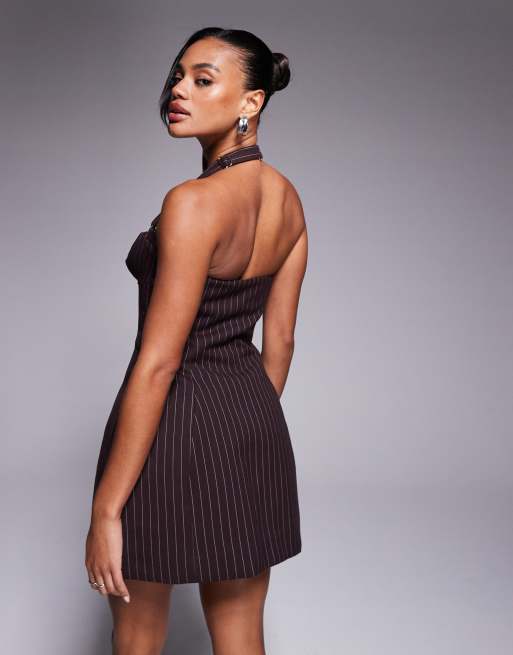 Oh Polly Odessa pinstripe halterneck structured mini dress in