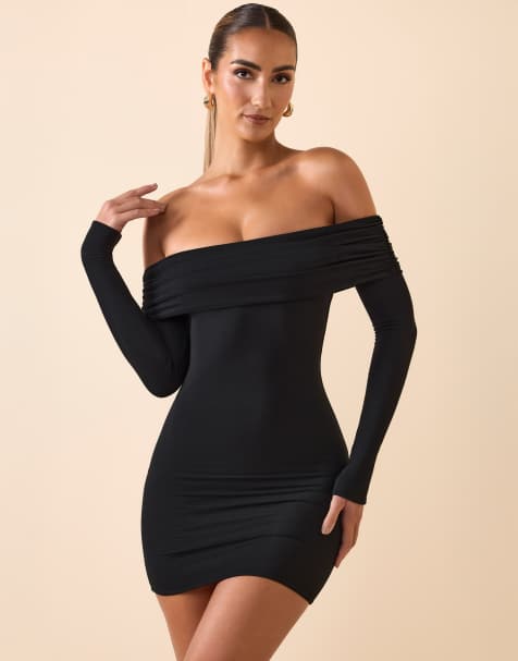 Oh Polly modal off shoulder slinky mini dress in black