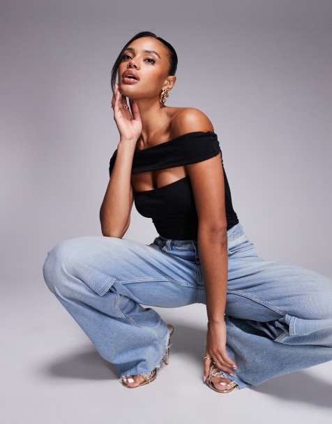Oh Polly off shoulder cut-out bodysuit in black - view 1