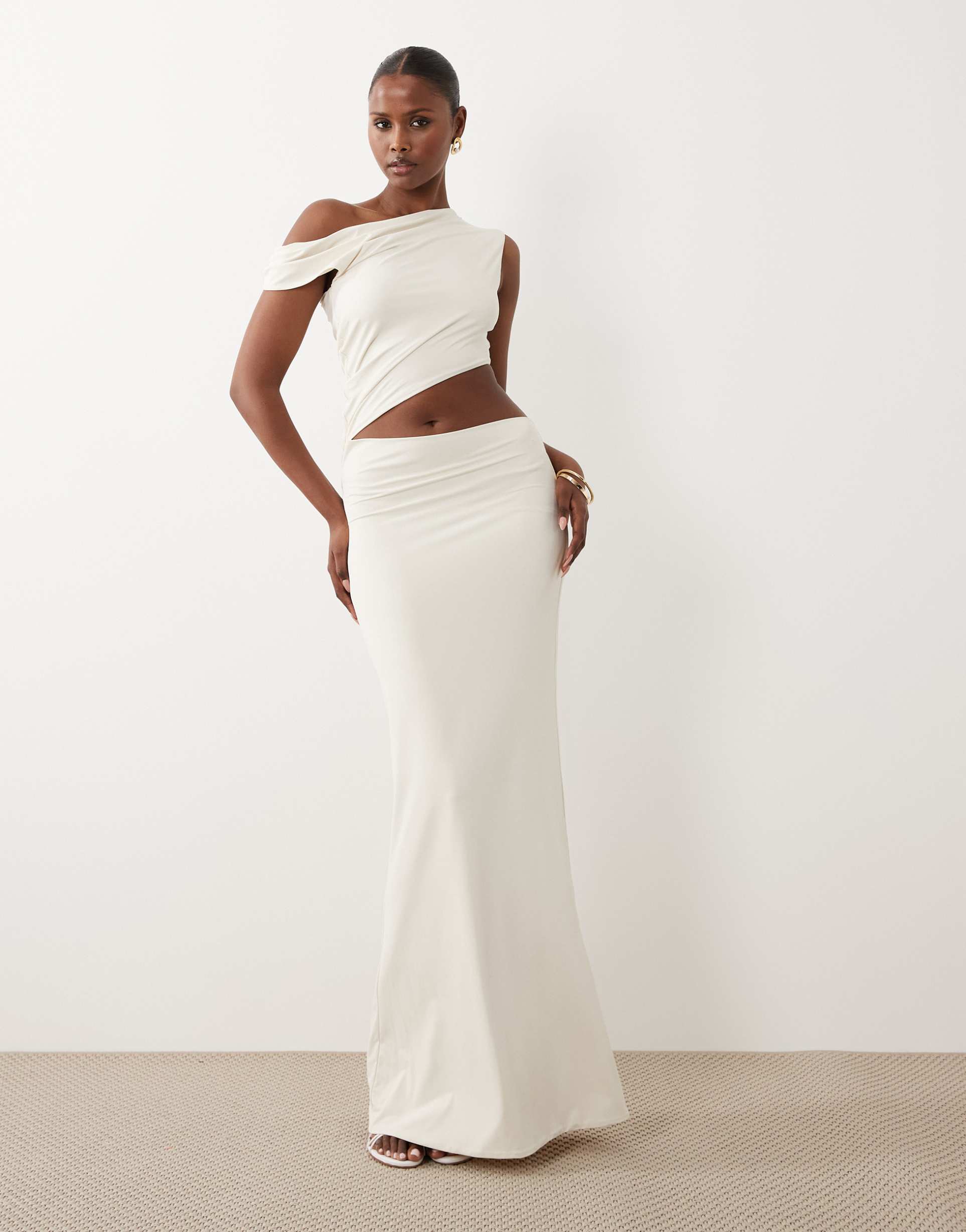 oh polly off shoulder cut out detail maxi dress in ivory