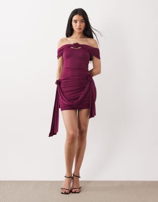 Oh Polly Off Shoulder Rosette Mini Dress With Drape Detail In Purple