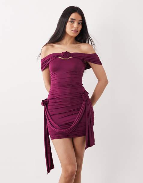 Oh Polly off shoulder rosette mini dress with drape detail in plum - view 1