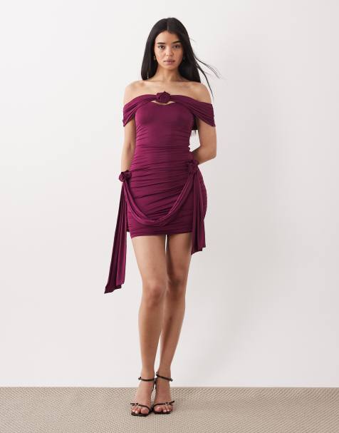 Oh Polly off shoulder rosette ruched bodycon mini dress with drape detail in plum - view 1