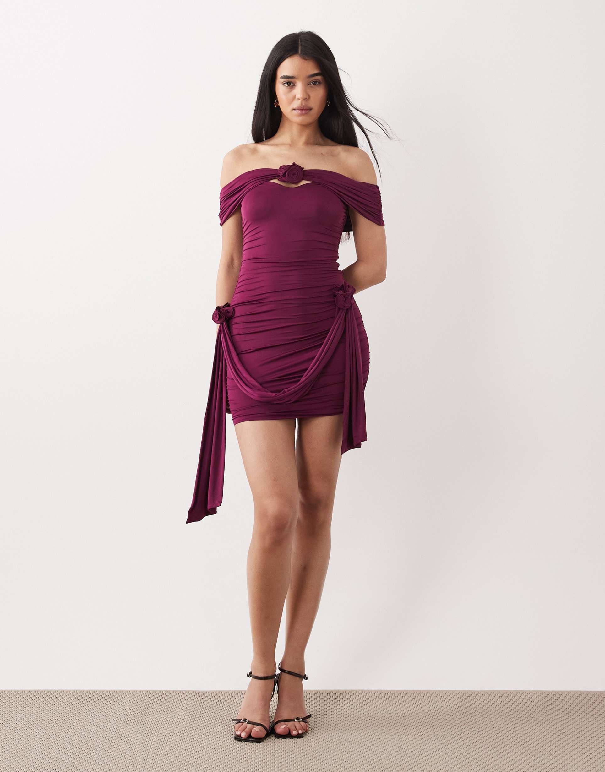 oh polly off shoulder rosette ruched bodycon mini dress with drape detail in plum