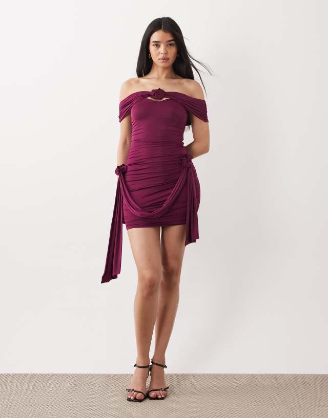 oh polly bodycon dress Floral-Detail Off-Shoulder Ruched Mini in Plum - S Underwired cups filter_color_brown CONTRAST TRIM SATIN MIDI Color:Winter Berry