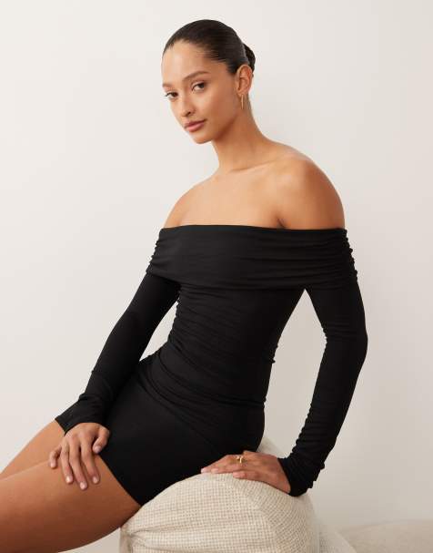 Oh Polly off-shoulder slinky mini dress in black - view 1