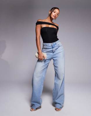 Oh Polly Off The Shoulder Cut-out Bodysuit In Black