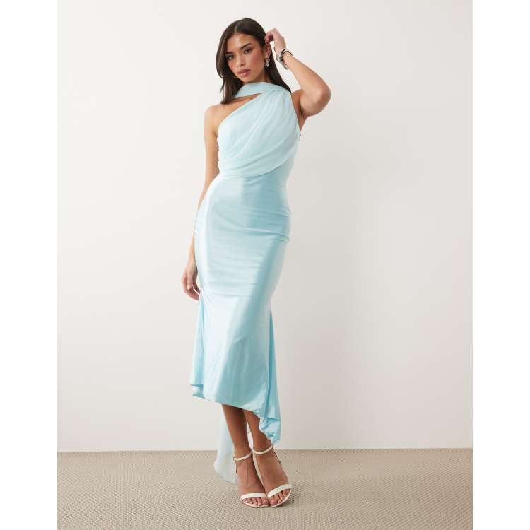 Oh Polly one-shoulder scarf detail asymmetric hem midi dress in