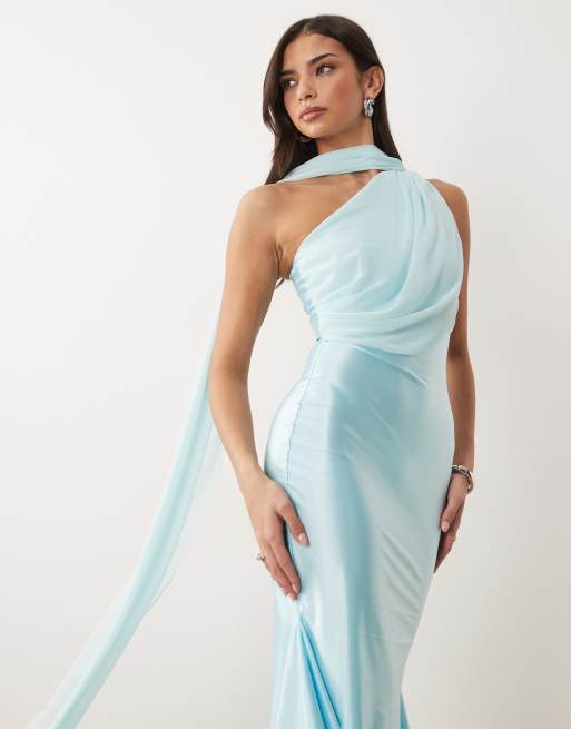 Oh Polly one-shoulder scarf detail asymmetric hem midi dress in