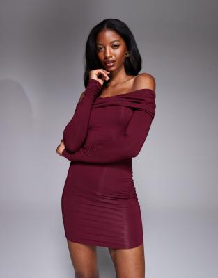 Oh Polly Oriana Off Shoulder Mini Dress In Burgundy