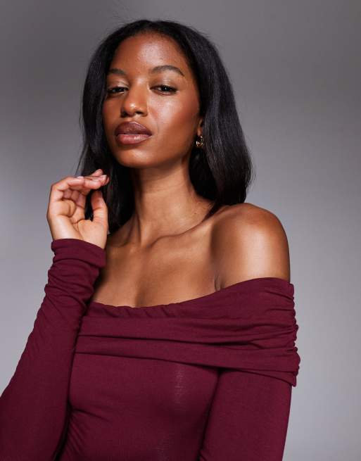 Oh Polly Oriana ruched foldover bardot mini dress in burgundy | ASOS