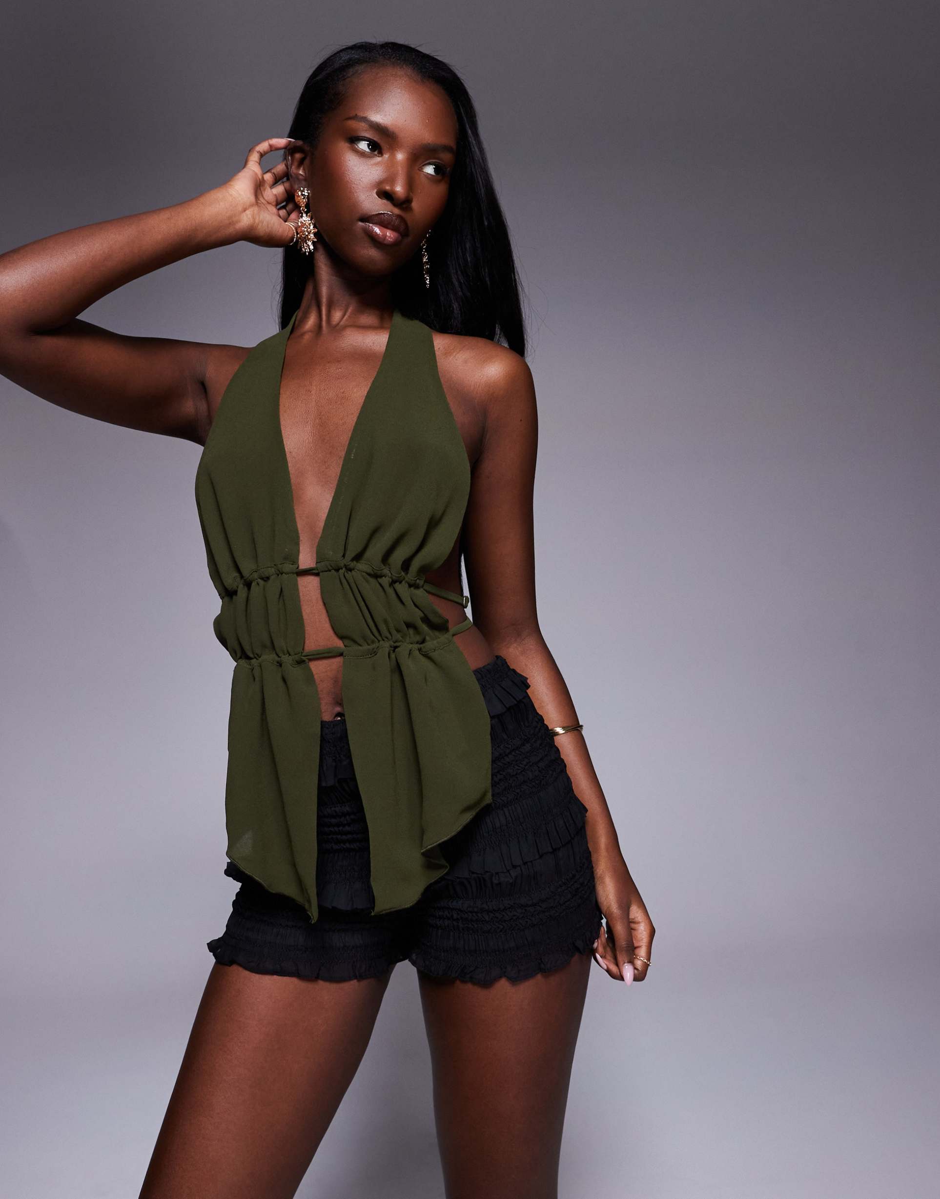 oh polly orla shirred ruffle micro shorts in black