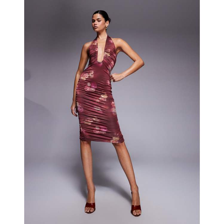 Oh Polly Ornella plunge halter neck midi dress in maroon floral | ASOS