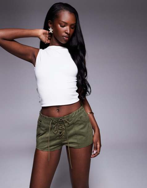 Oh Polly Parva lace up denim shorts in dark khaki - view 1