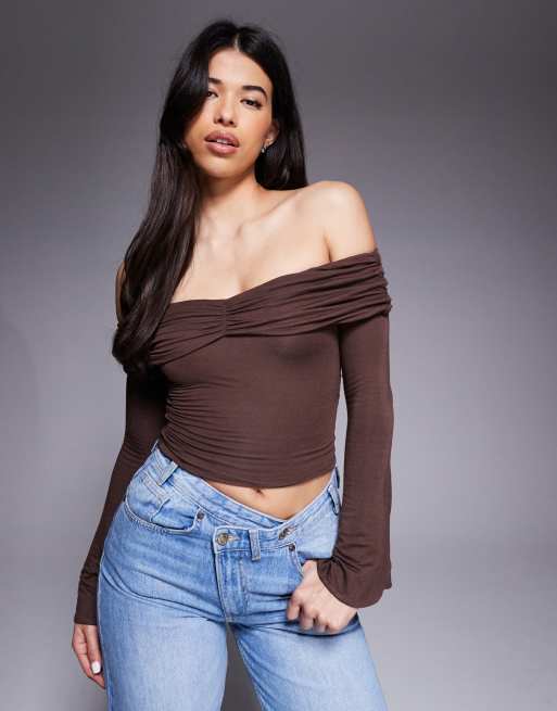 Oh Polly Pavni off shoulder long sleeve top in espresso
