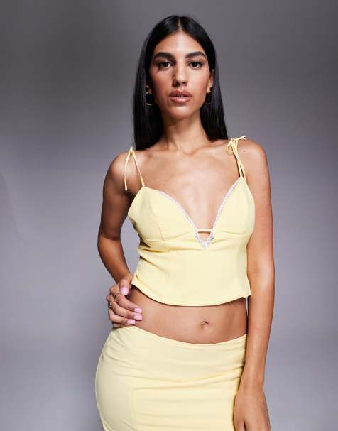 Oh Polly Pippa lace trim plunge crop top co-ord in pastel yellow - view 1
