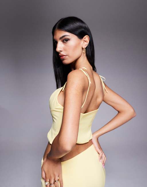 Oh Polly Pippa lace trim plunge crop top co-ord in pastel yellow