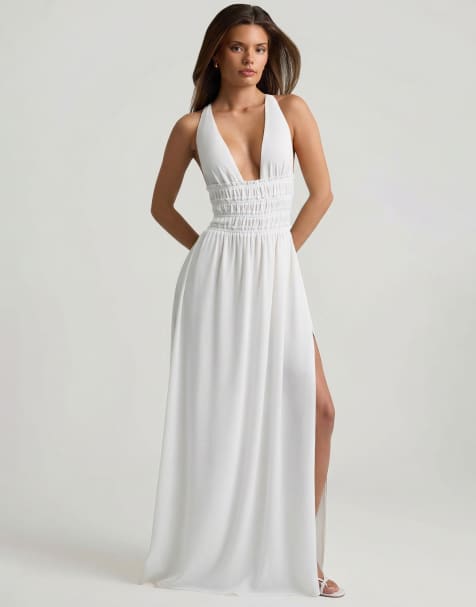 Oh Polly plunge halter neck cross back detail thigh split maxi dress in white - view 1