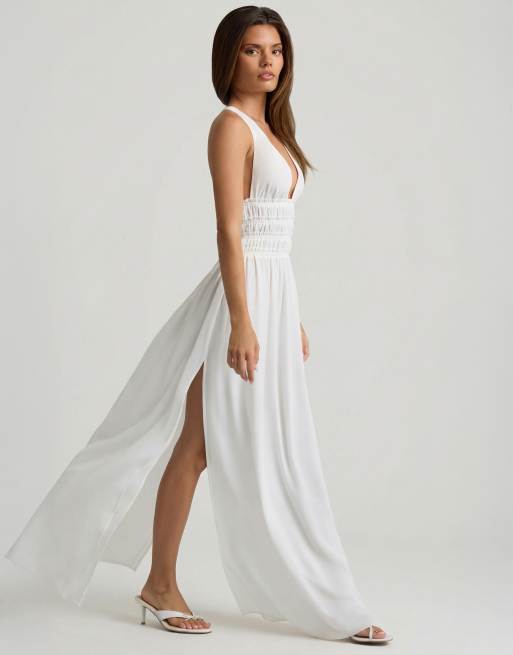 Oh Polly plunge halter neck cross back detail thigh split maxi dress in white, 2 of 4
