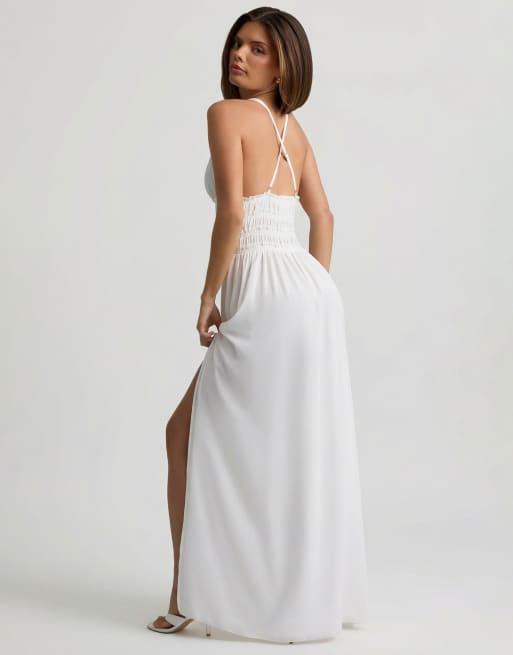 Oh Polly plunge halter neck cross back detail thigh split maxi dress in white, 3 of 4