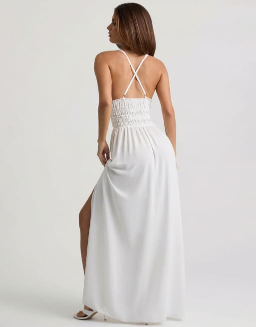 Oh Polly plunge halter neck cross back detail thigh split maxi dress in white, 4 of 4