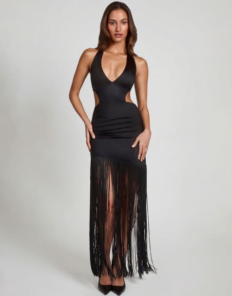 Oh Polly plunge halter neck fringe detail maxi dress in black