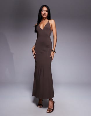 Oh Polly Plunge Halter Neck Maxi Dress In Brown